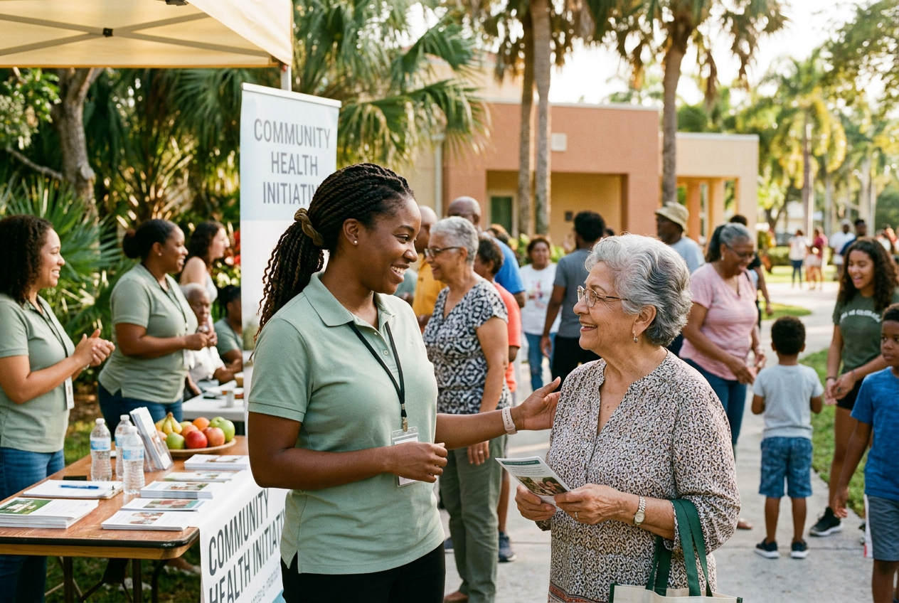 Community health worker speaking with a neighbor at a wellness event